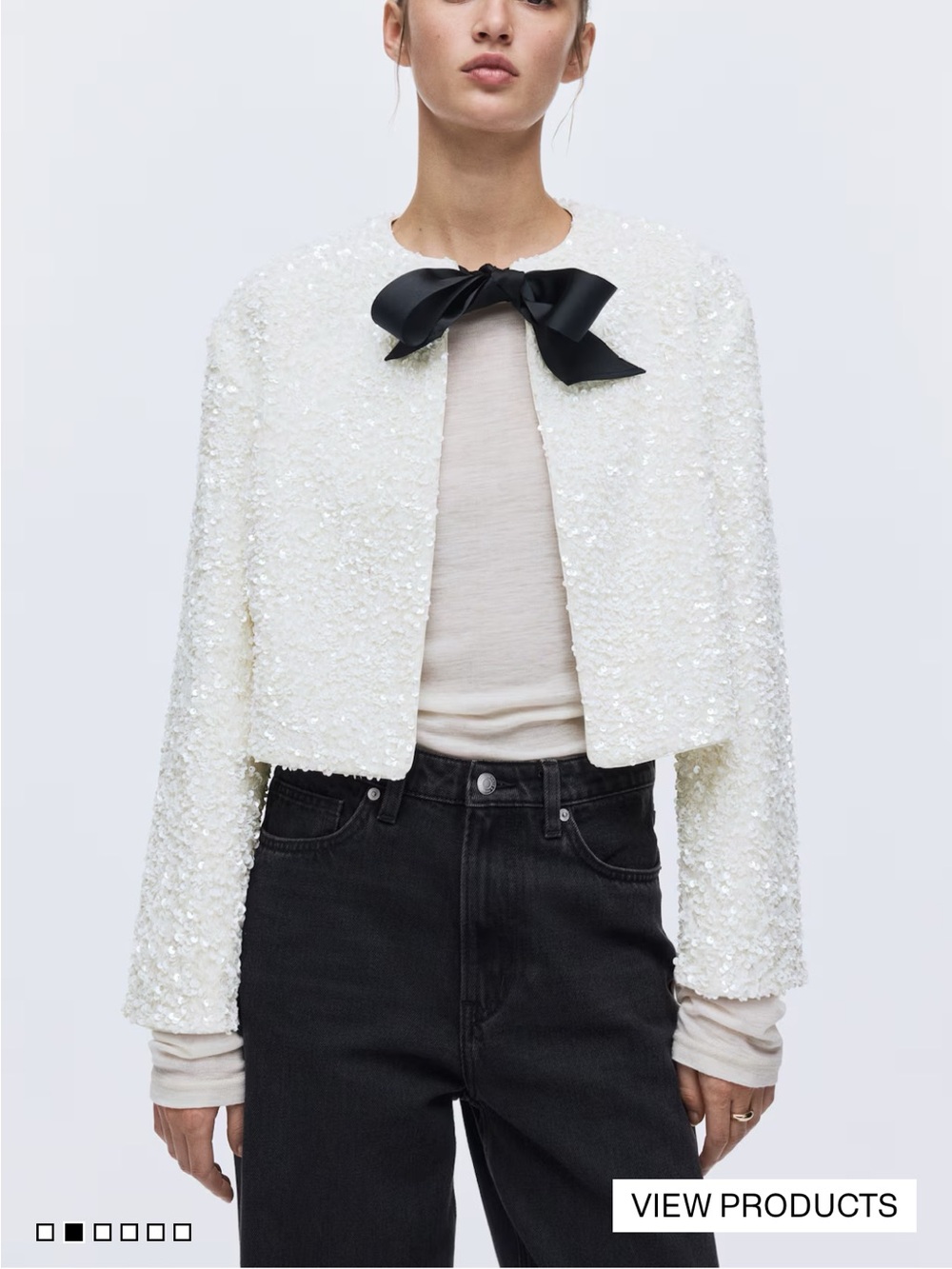 H&M White Sequin Cropped Jacket with Black Bow blazer